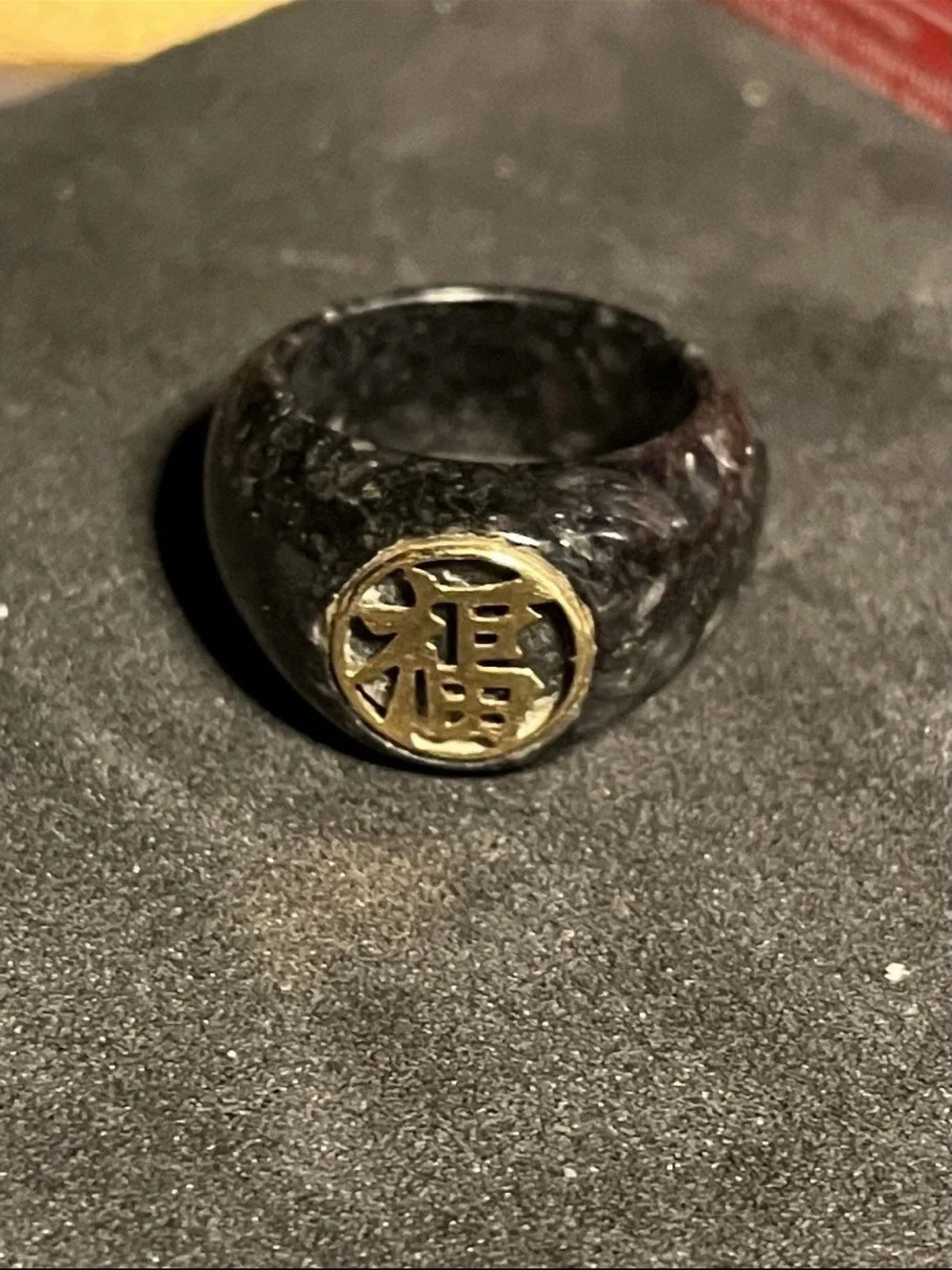 14k Yellow Gold Green Natural Jade Blessings Good Fortune Ring Size 7.5